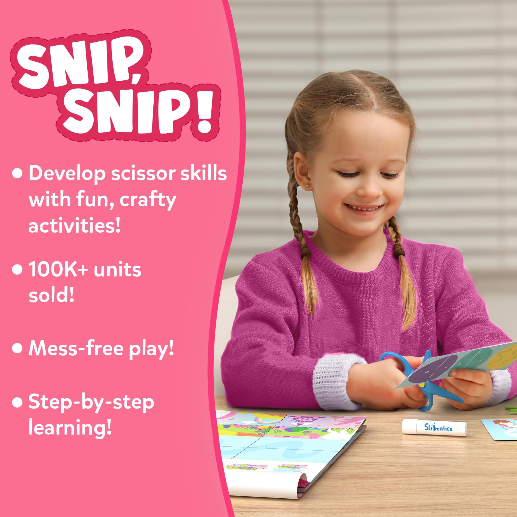 Skillmatics Snip Snip 25 cutting activities page demonstrates progressive skill building