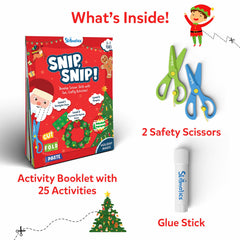 Skillmatics Snip Snip child-safe scissors in front of colorful project pages for safe cutting practice