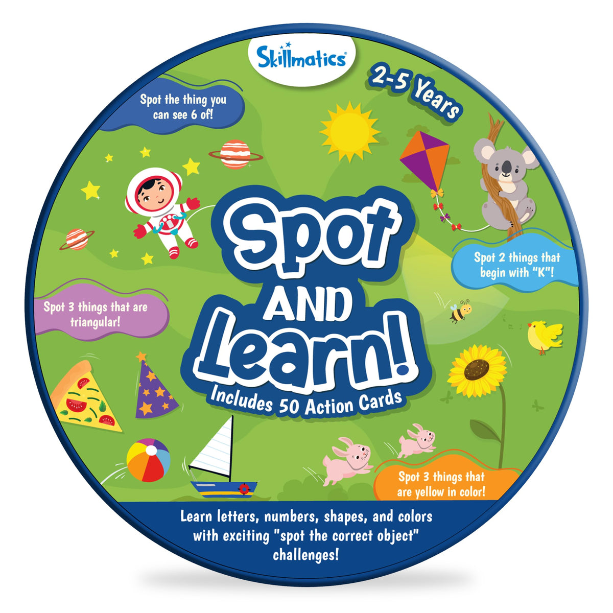 Skillmatics Spot and Learn cards show letters and numbers for early literacy and counting practice.