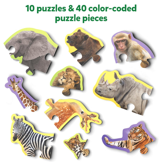 Skillmatics 3-4-5 piece color-coded puzzles helps children sort by color and build sequencing.