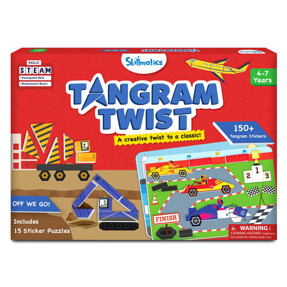 Skillmatics Tangram Twist board with foam pieces promotes problem-solving and spatial planning.