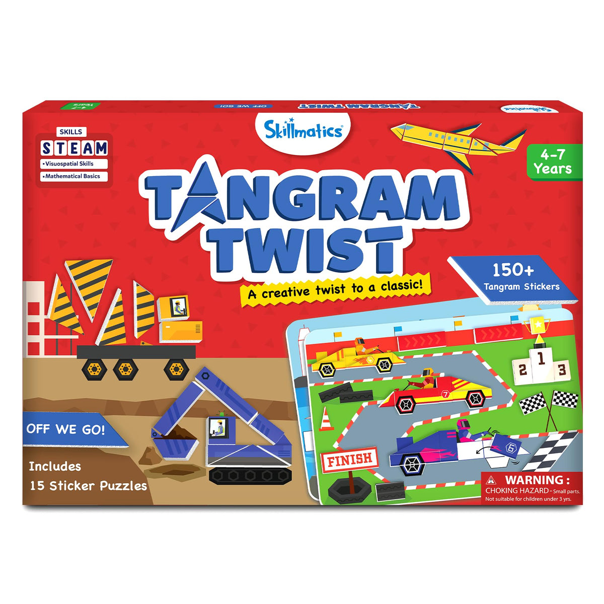 Skillmatics Tangram Twist board with foam pieces promotes problem-solving and spatial planning.