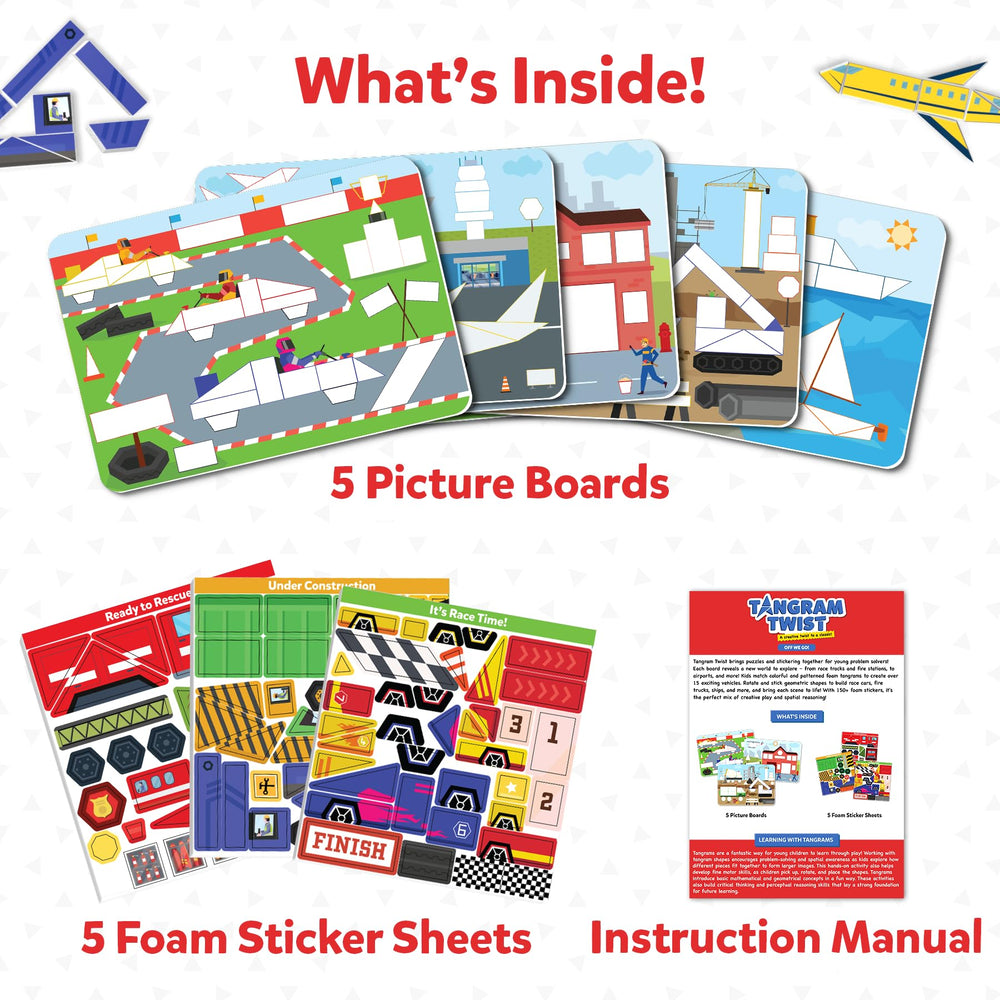 Skillmatics Tangram Twist vehicles set encourages creativity while building race cars and boats.