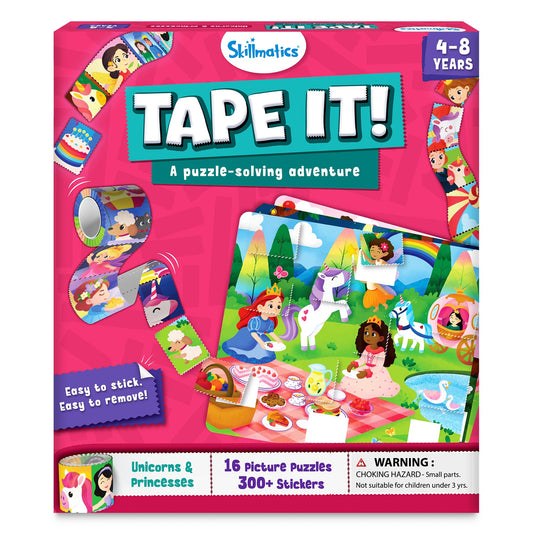 Skillmatics Tape It Puzzle Unicorn board—colorful design for fine motor practice.