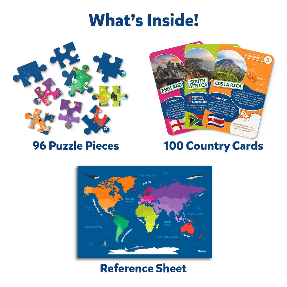 Skillmatics map with color coded continents to help locate countries quickly