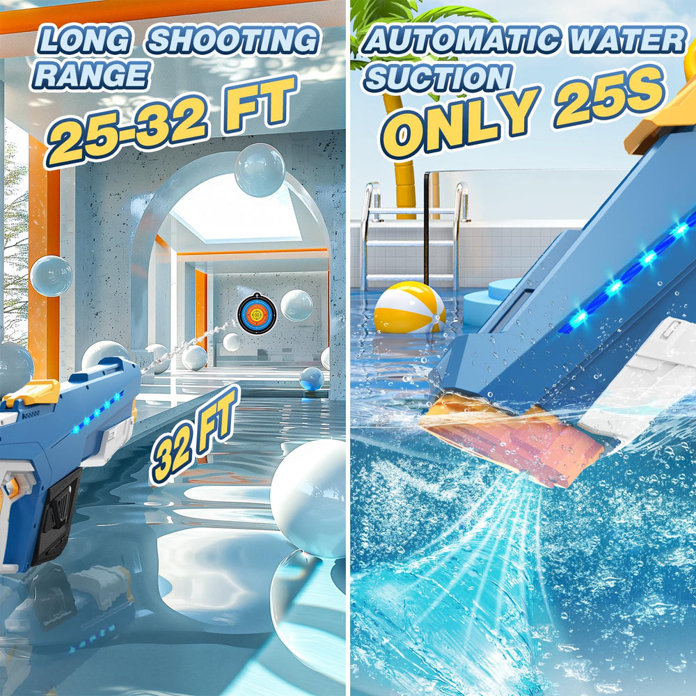 Skirfy electric water gun includes rechargeable battery for portable fun.