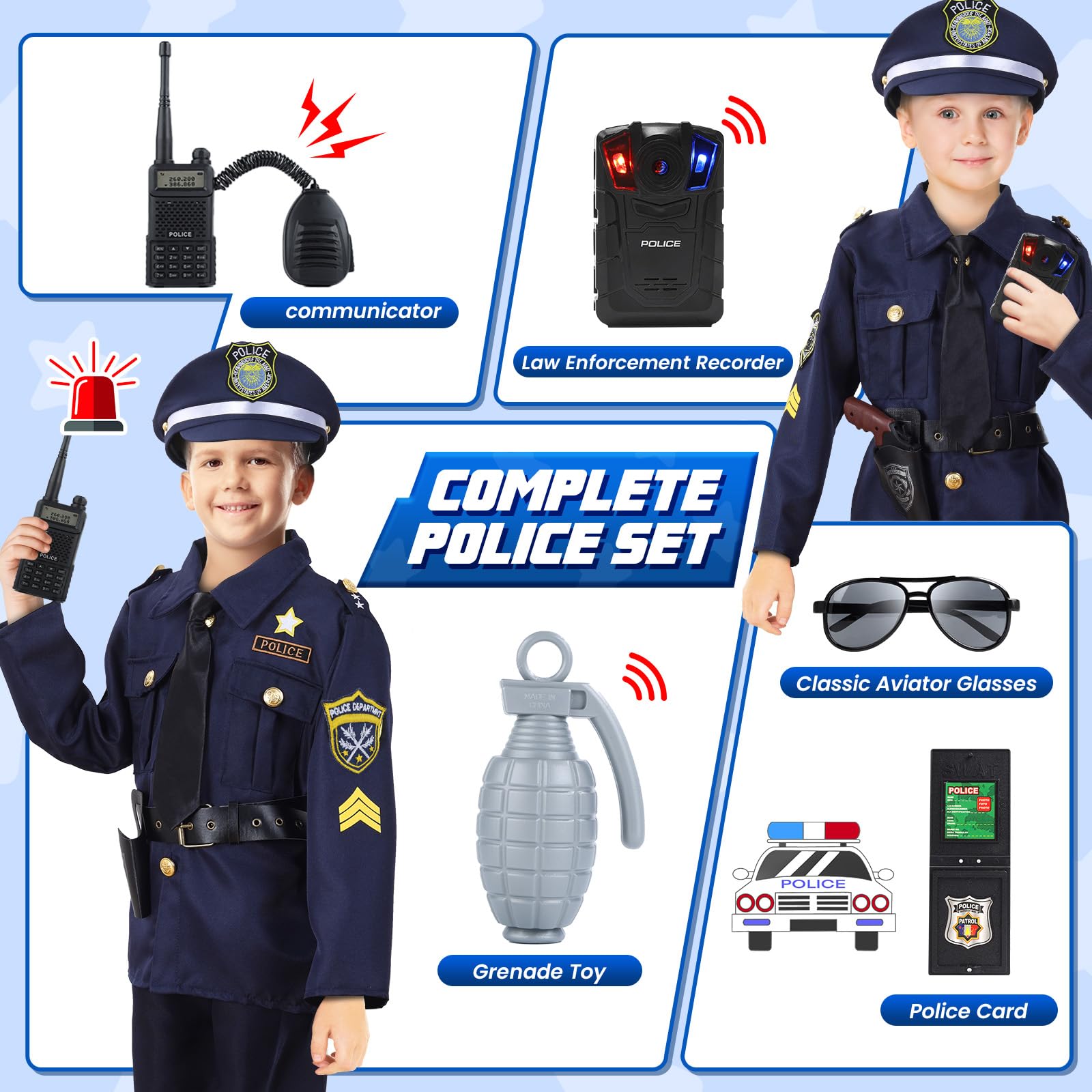 Skirfy police costume kids accessories including recorder and walkie talkie for missions