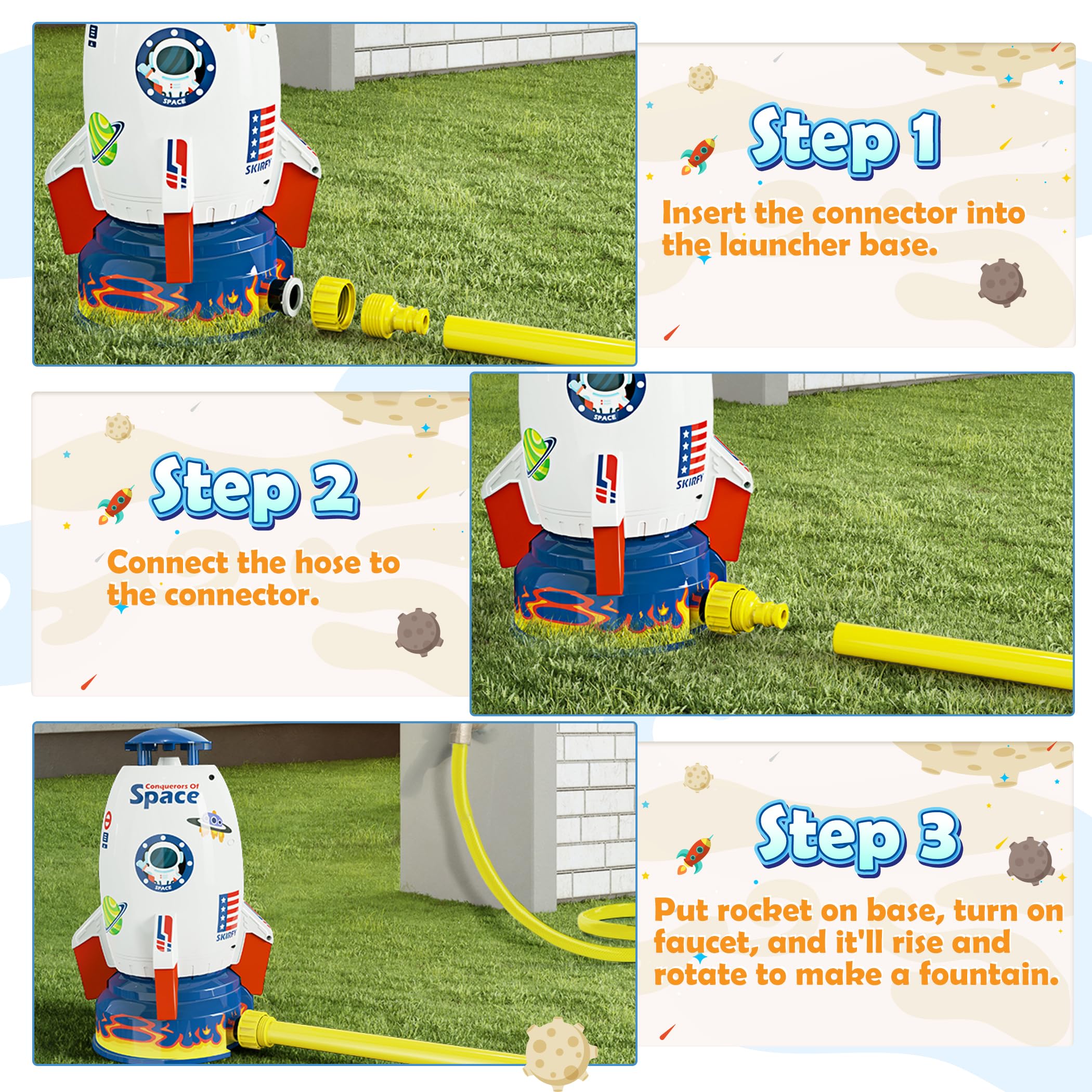 Skirfy Sprinkler Rocket Launcher adjustable height up to 6.9 feet.