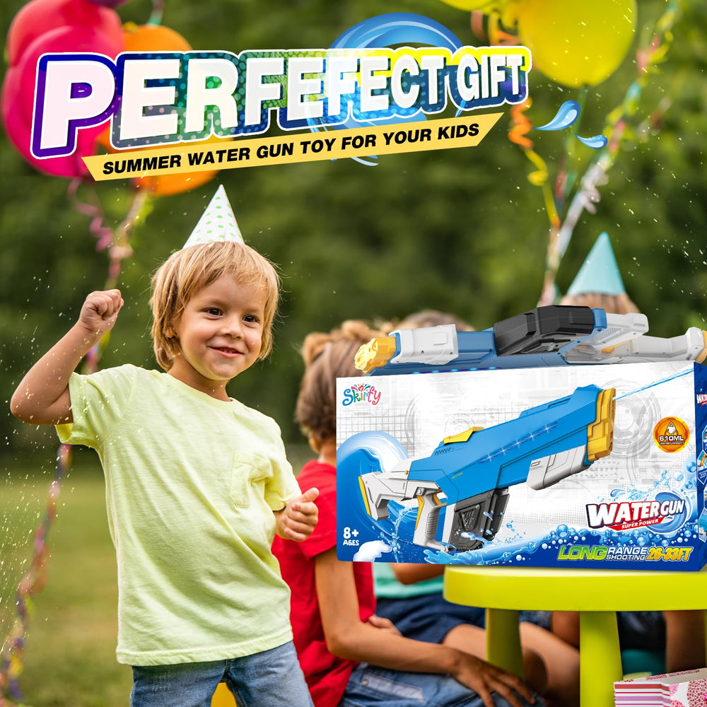 Skirfy water gun with colorful light effects enhances playtime.
