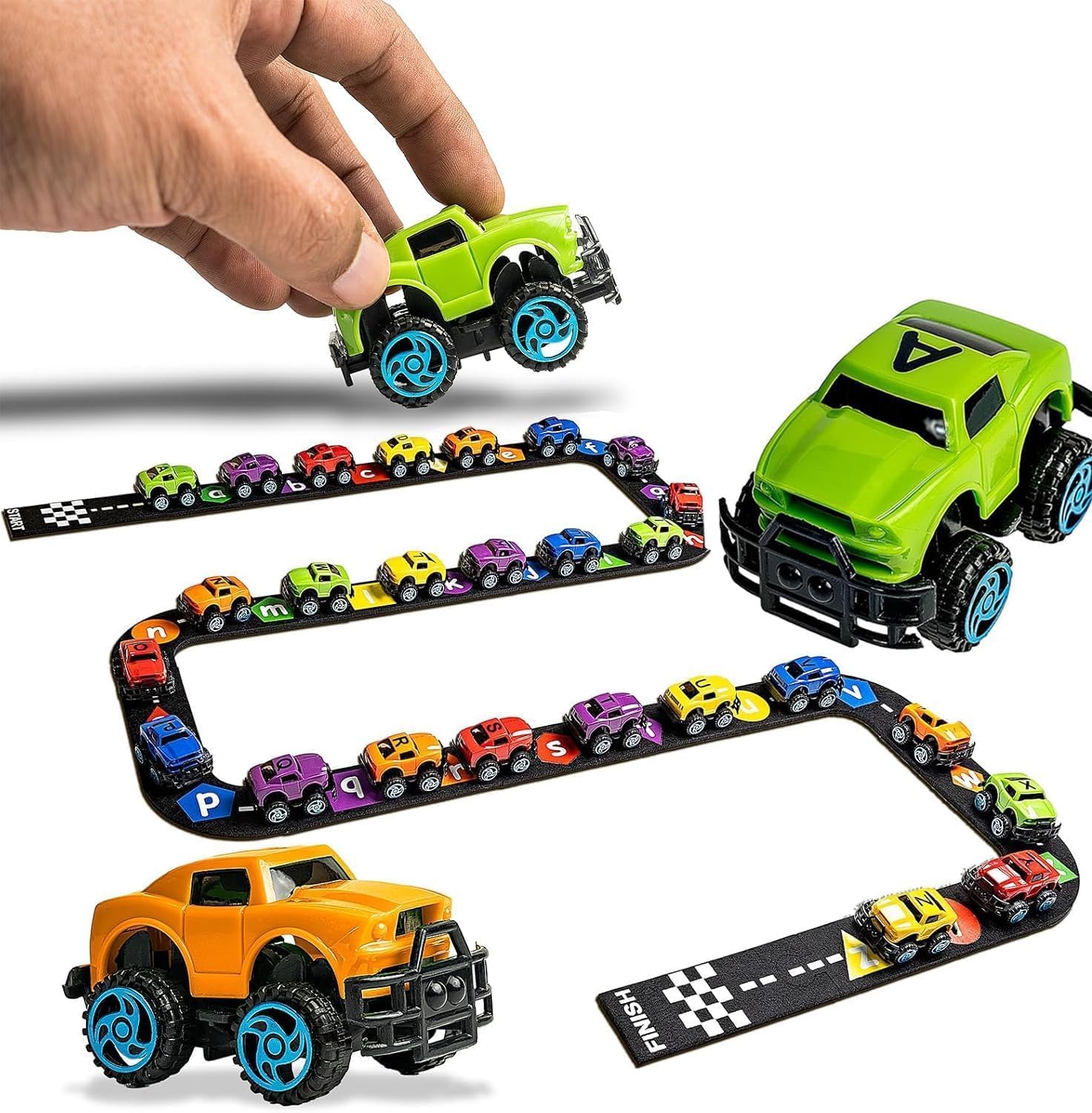 Skoolzy 36-piece alphabet cars with felt track cover for hands-on ABC learning