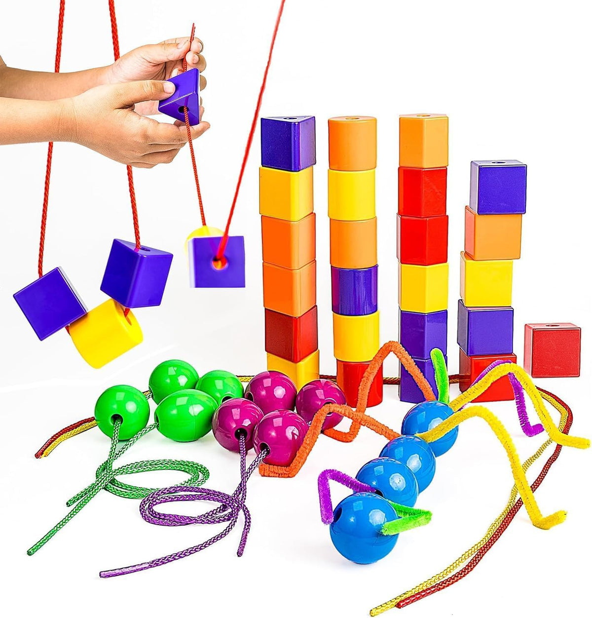 Skoolzy 46-pc lacing beads set for toddlers enhances fine motor skills and color sorting.