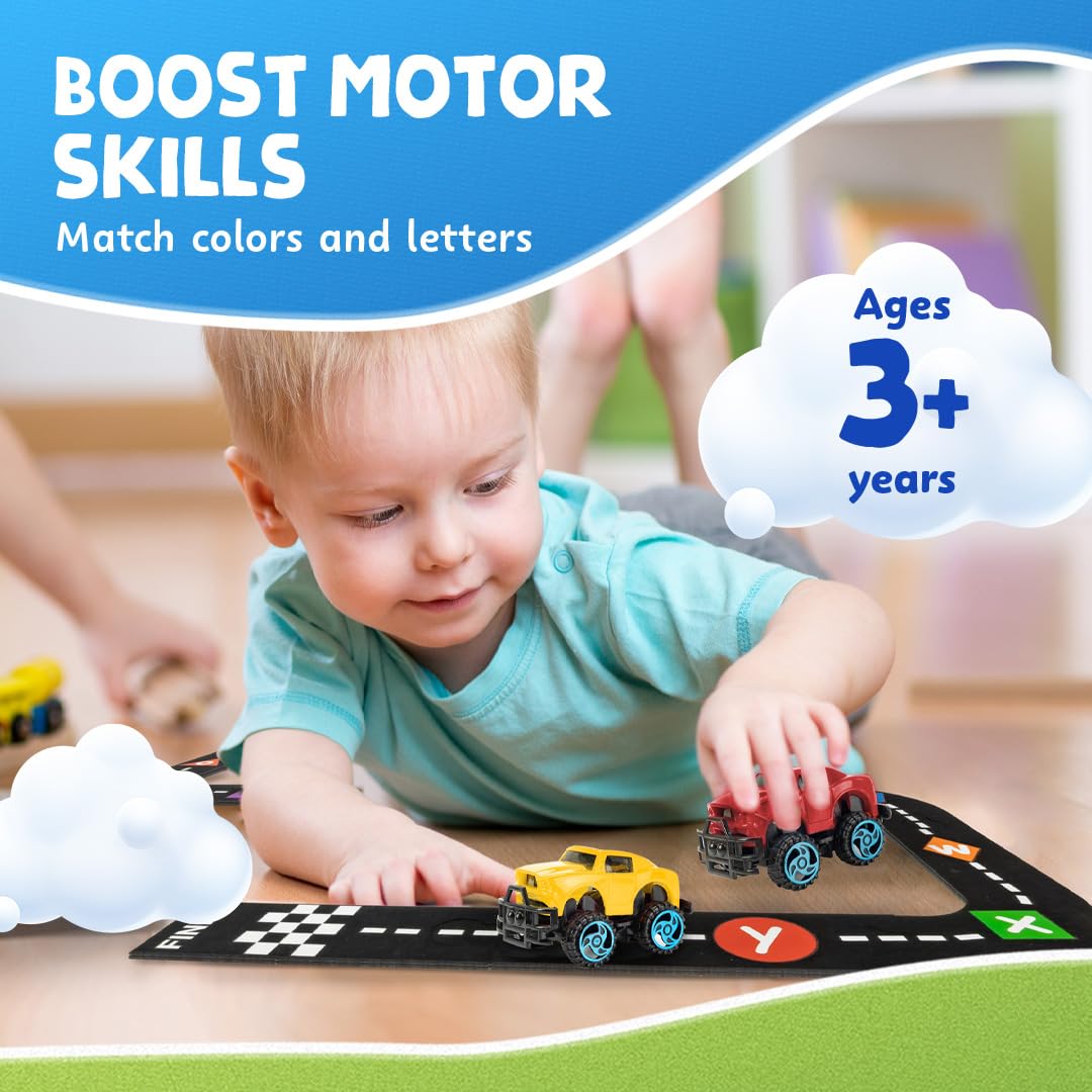 Skoolzy alphabet cars on track play area encouraging interactive spelling practice