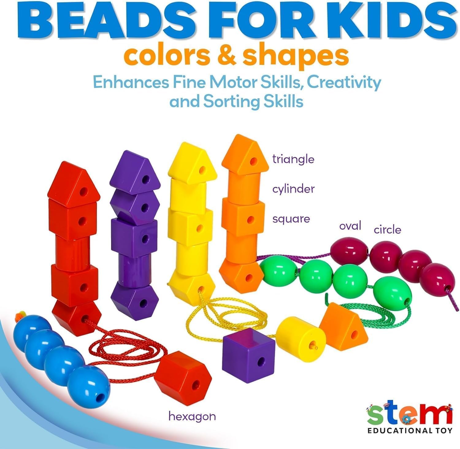 Skoolzy bright color shape beads support sorting and early cognitive skills.