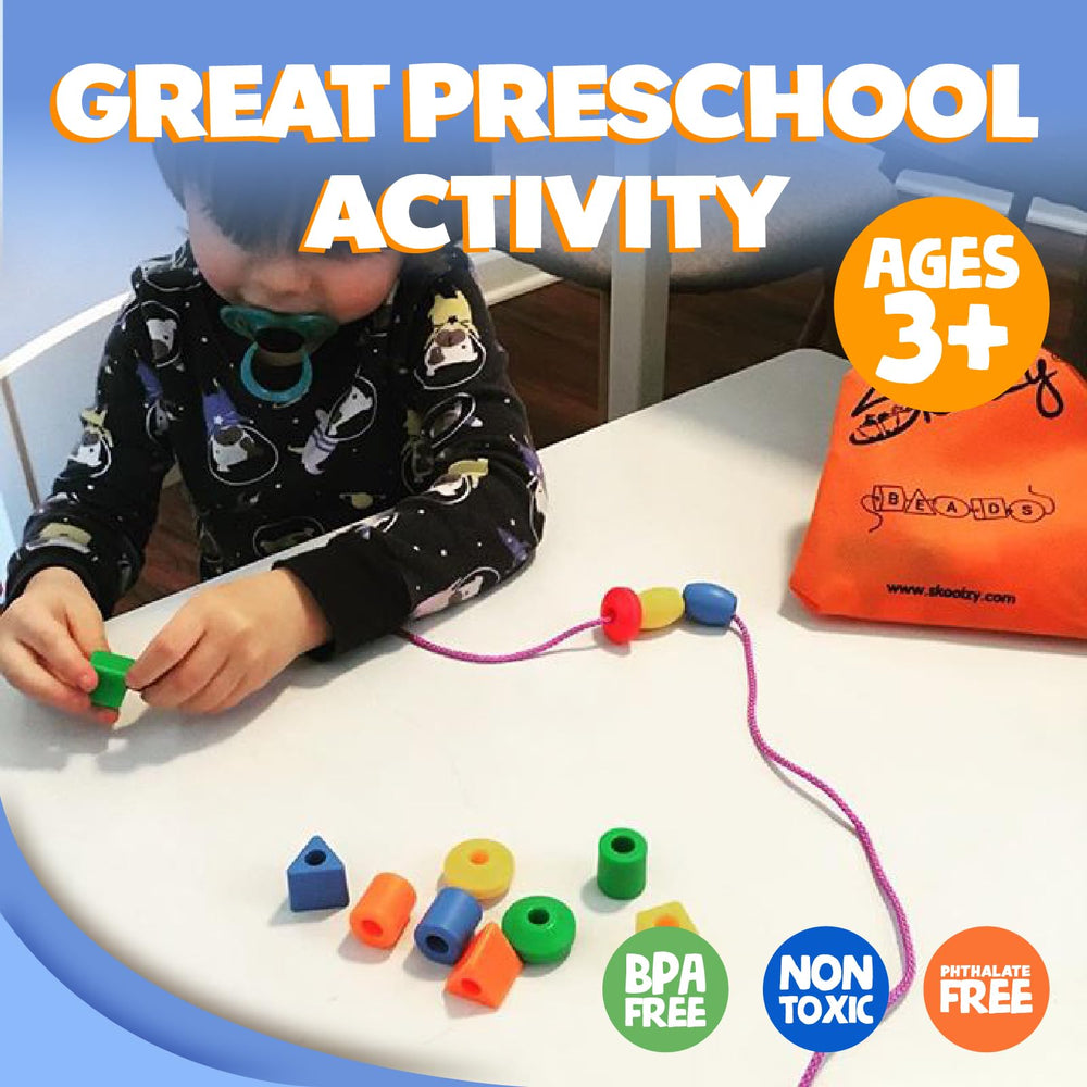 Skoolzy lacing beads ideal for ages 2-4 learning on the go.