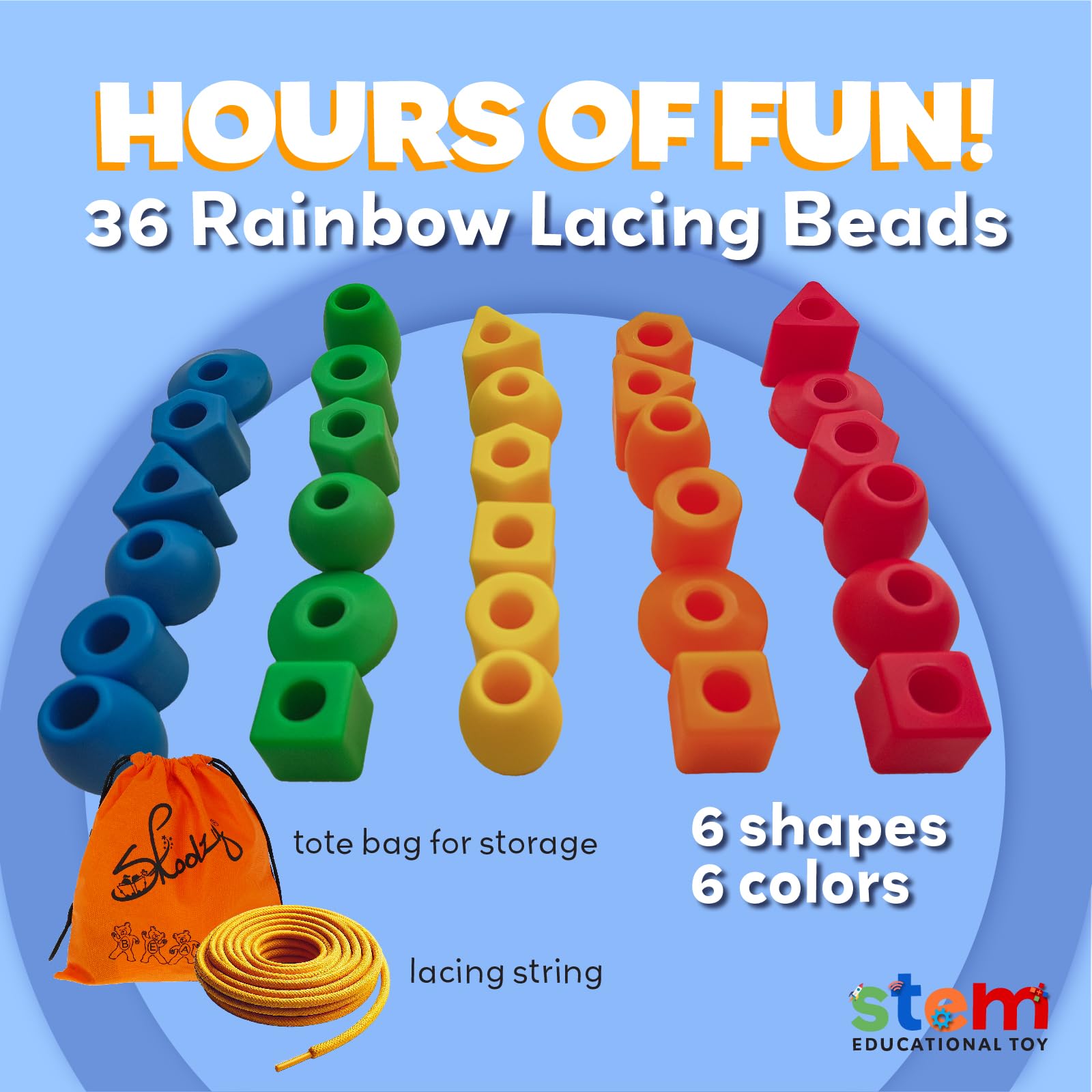 Skoolzy lacing beads color variety for color and shape recognition.