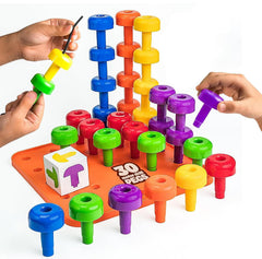 Skoolzy Peg Board Set showcasing case and pegs for organized play and easy cleanups.