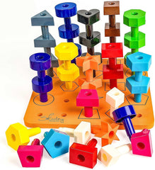 Skoolzy Peg Board Set closeup pegs promote fine motor coordination and color recognition.