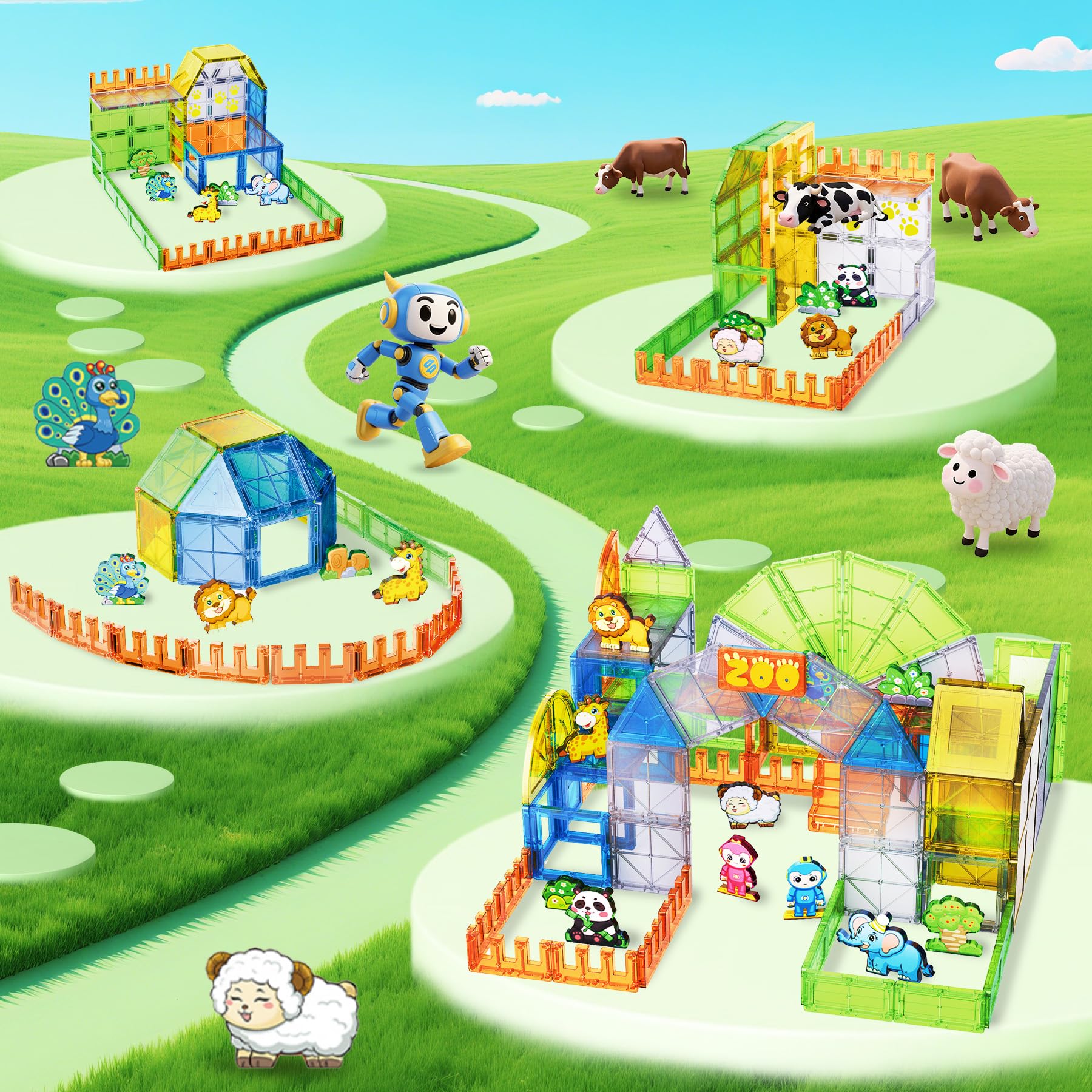 SKTMYY zoo-home-building scene encourages hands-on construction and problem solving.
