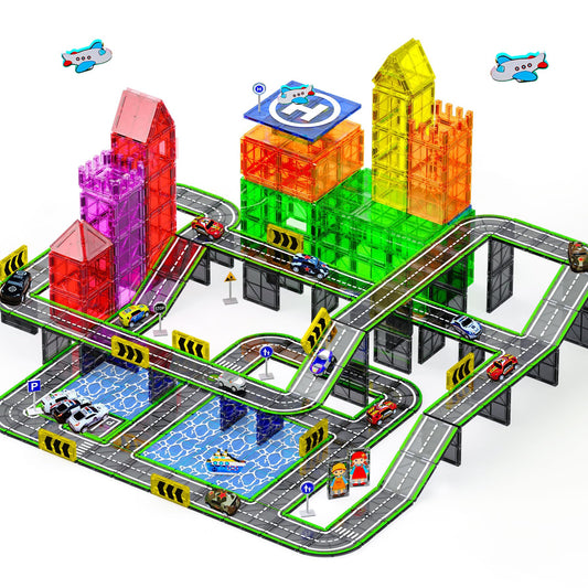 SKTMYY 121-piece road tiles set with pull-back cars for creative play