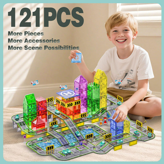 SKTMYY pull-back cars and airplanes on magnetic tiles for dynamic build