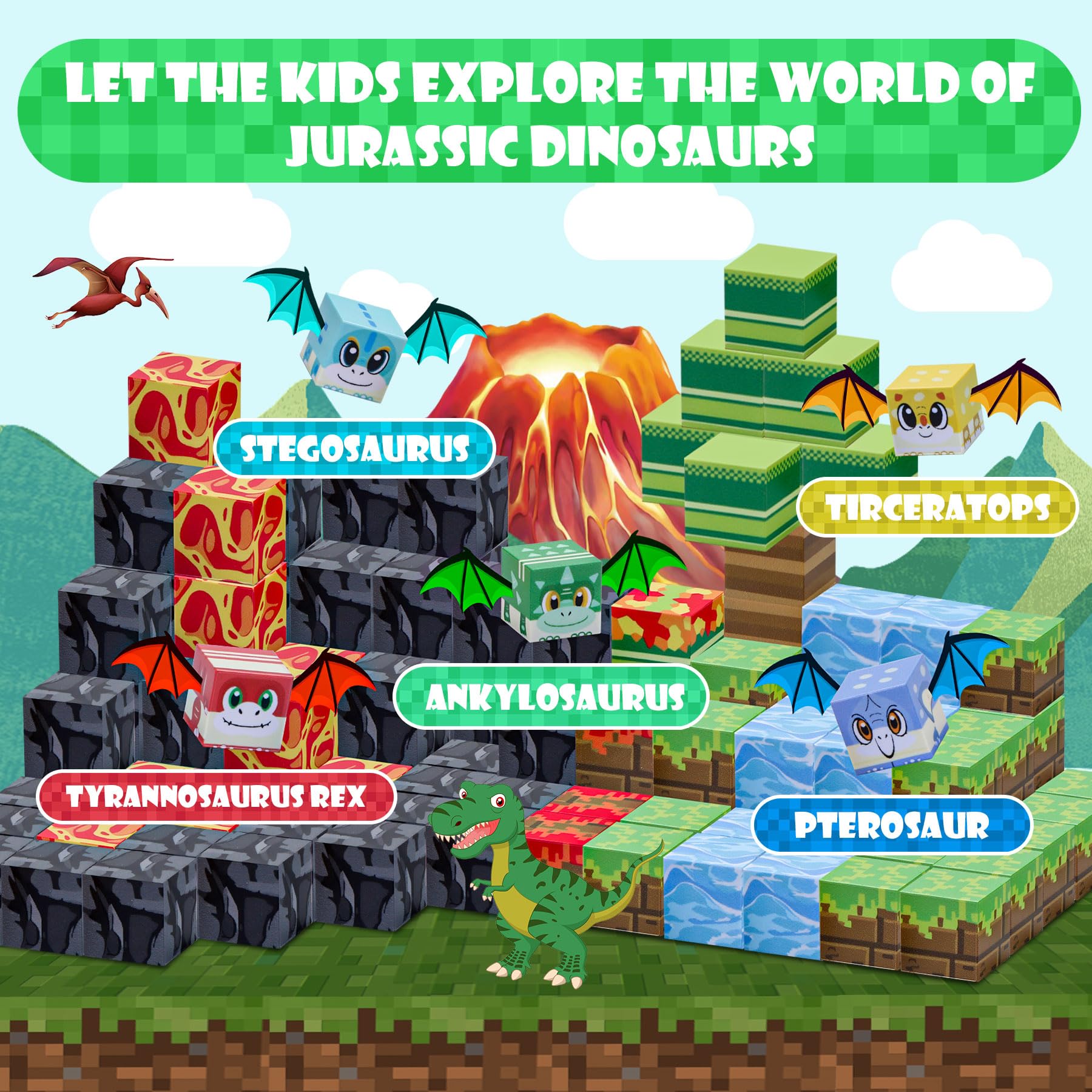SKTMYY magnetic blocks arranged in a volcano scene for STEM exploration.