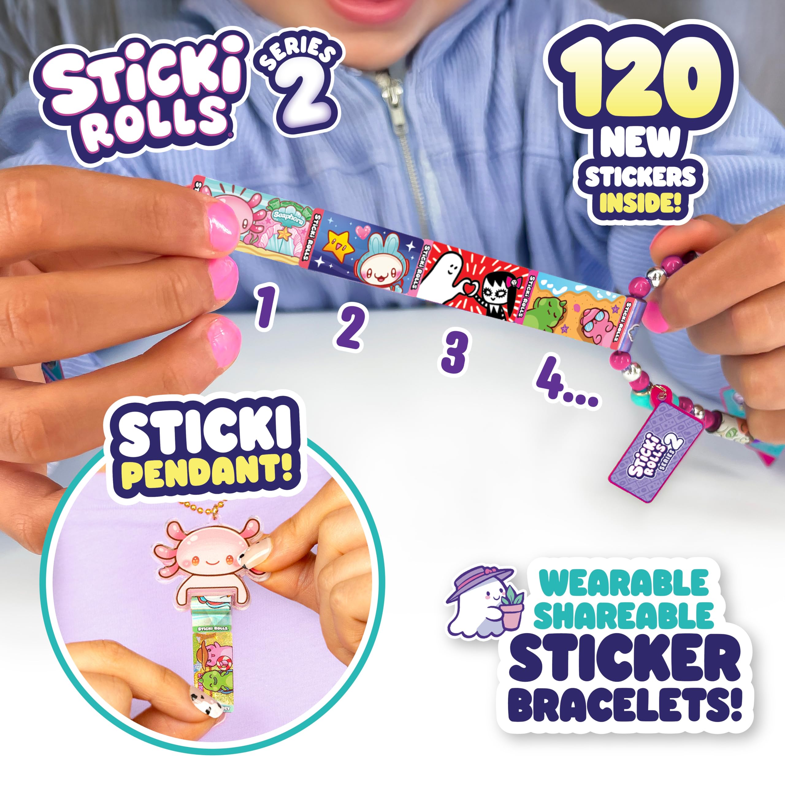 Close-up of 120 exclusive stickers with vibrant kawaii designs.
