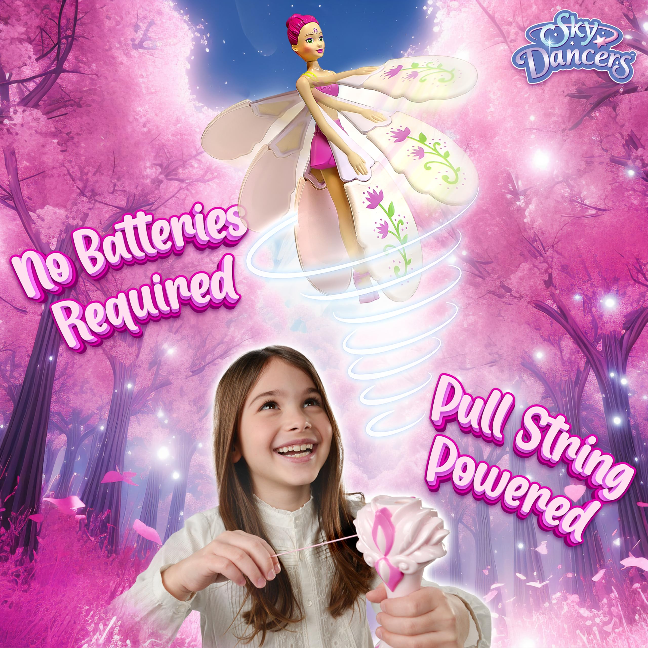 Sky Dancers pull-string action demonstrates easy launcher, promoting active, screen-free play.