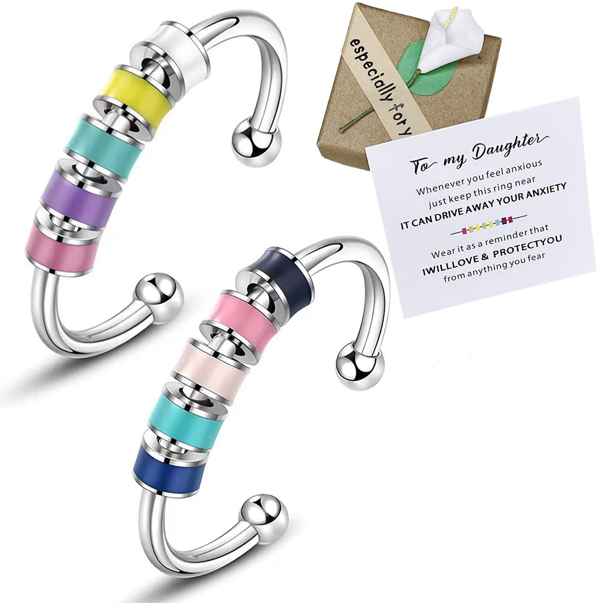 Skyfun anxiety ring duo with colorful beads, close-up for daily wear.