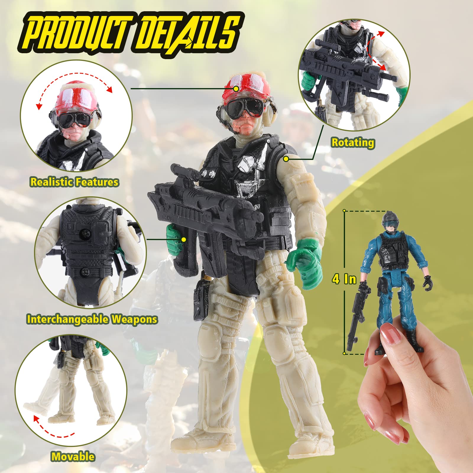 Skylety army men posing with joints enable flexible battle scenes.