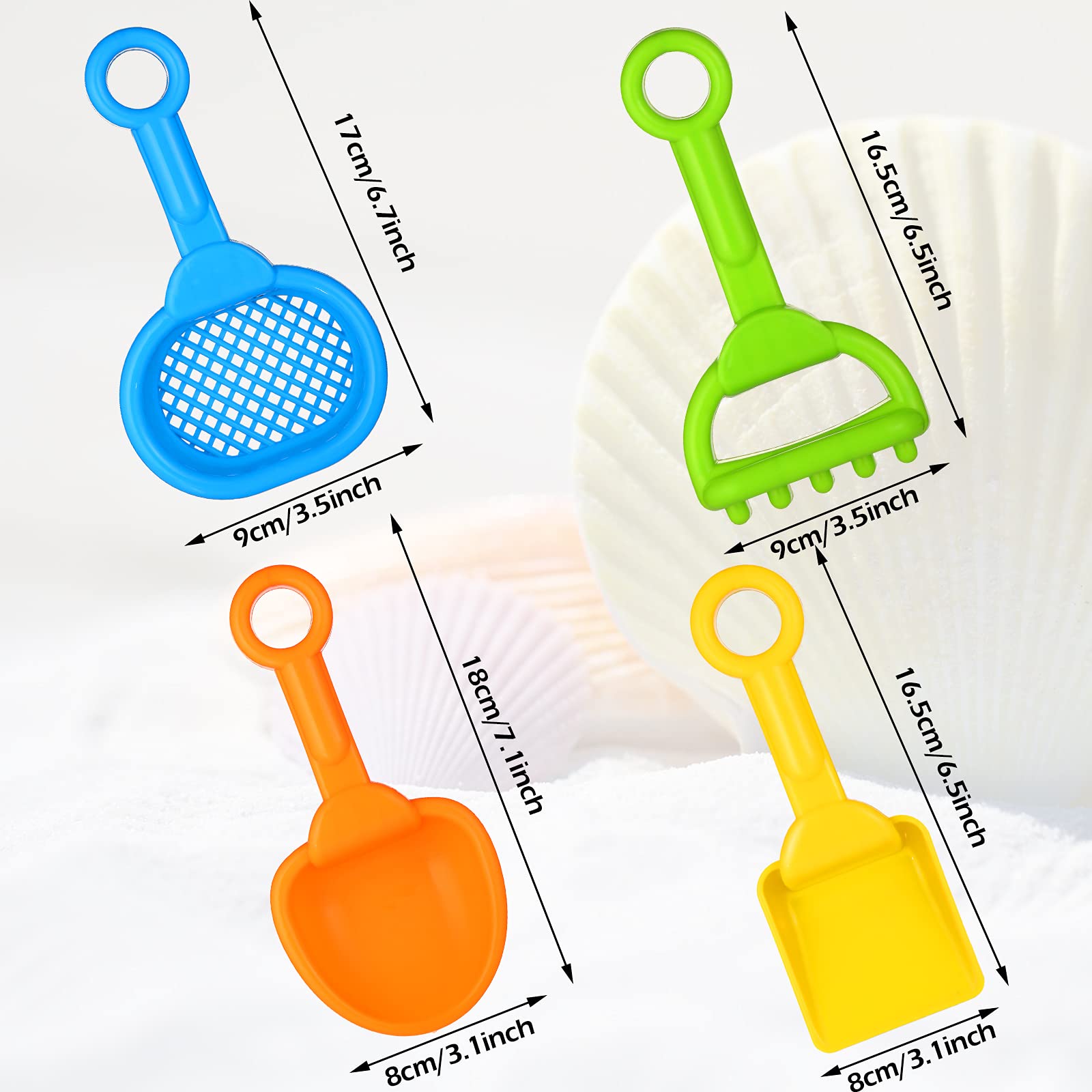 Skylety colorful plastic shovels ideal for beach and poolside fun.