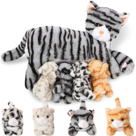 Skylety mommy cat with four kittens 16-inch plush set for imaginative play.