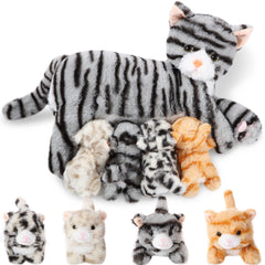 Skylety mommy cat with four kittens 16-inch plush set for imaginative play.