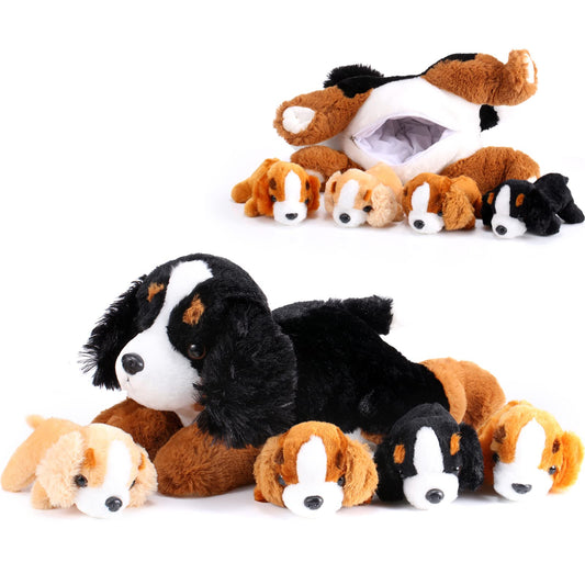 Skylety Mountain Dog mommy with puppies plush set for imaginative play.