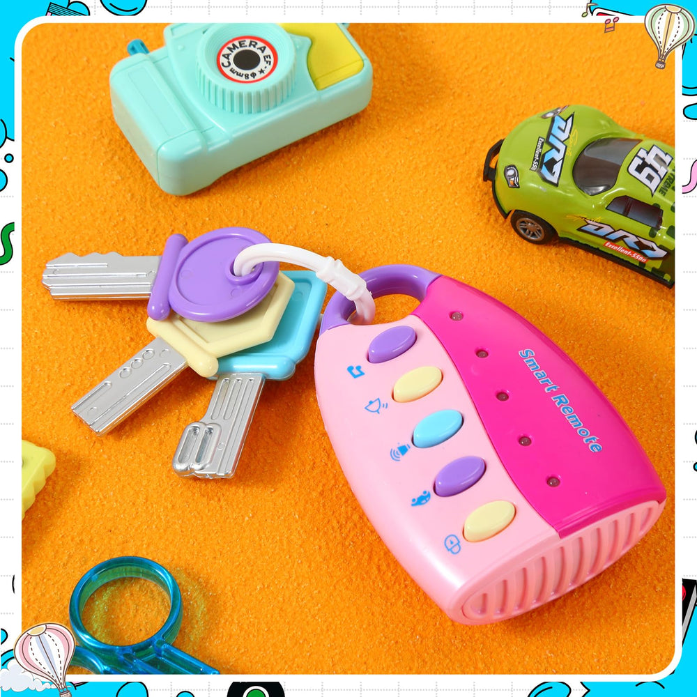 Skylety pink key toy battery note indicates batteries required for continuous play.