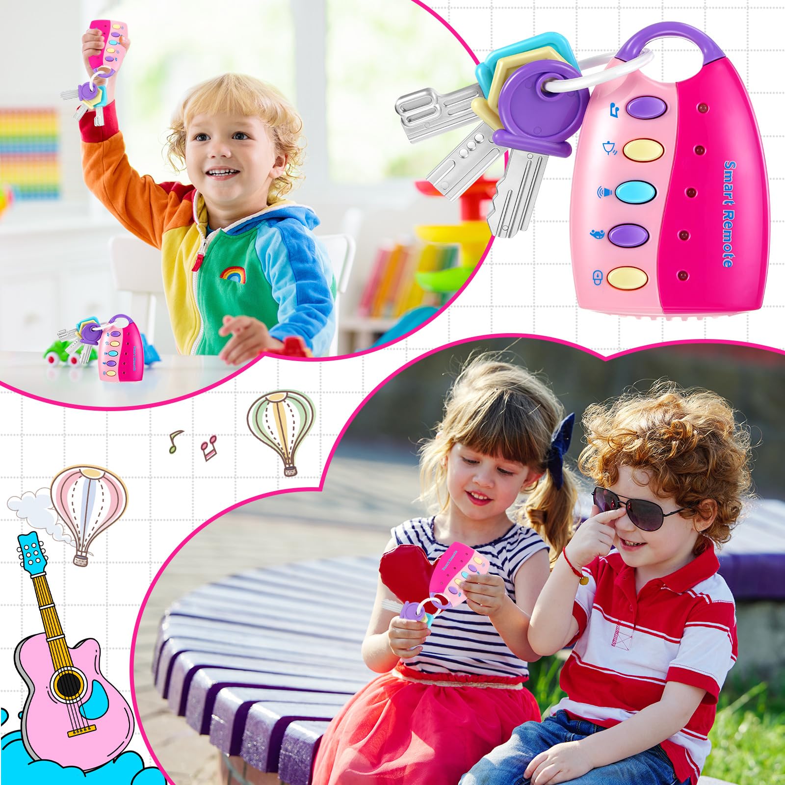 Skylety pink key toy shows four car sounds and ten songs for sensory exploration.