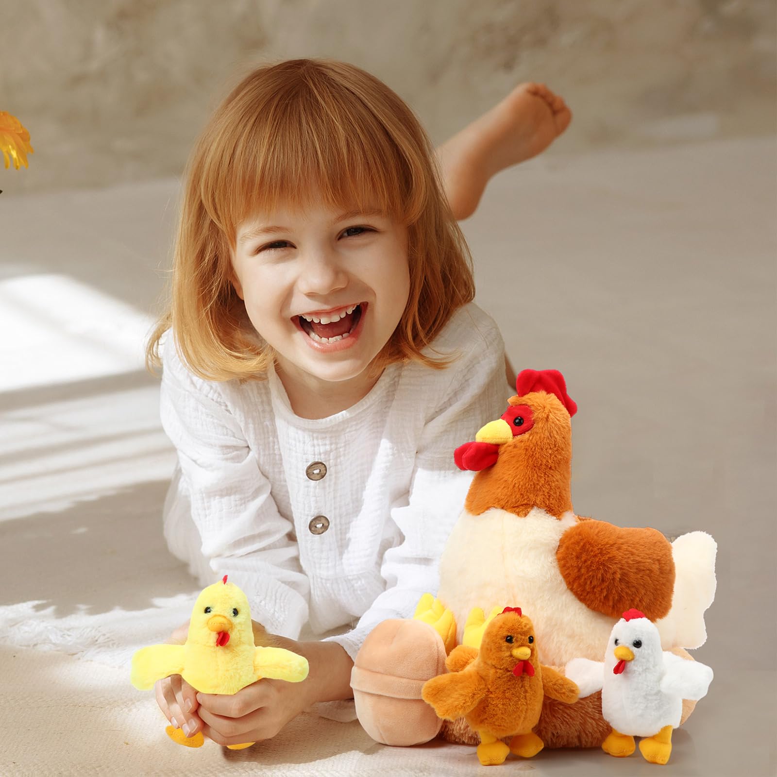 Skylety six-piece chicken plush set ideal for gifting and display.