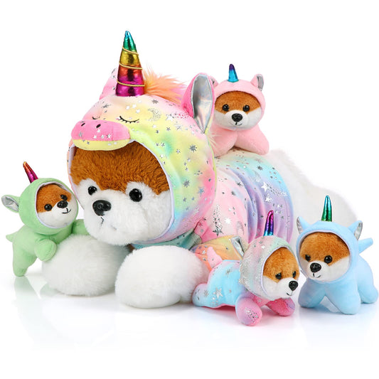 Skylety unicorn mother with open belly showing four baby puppies for cuddling