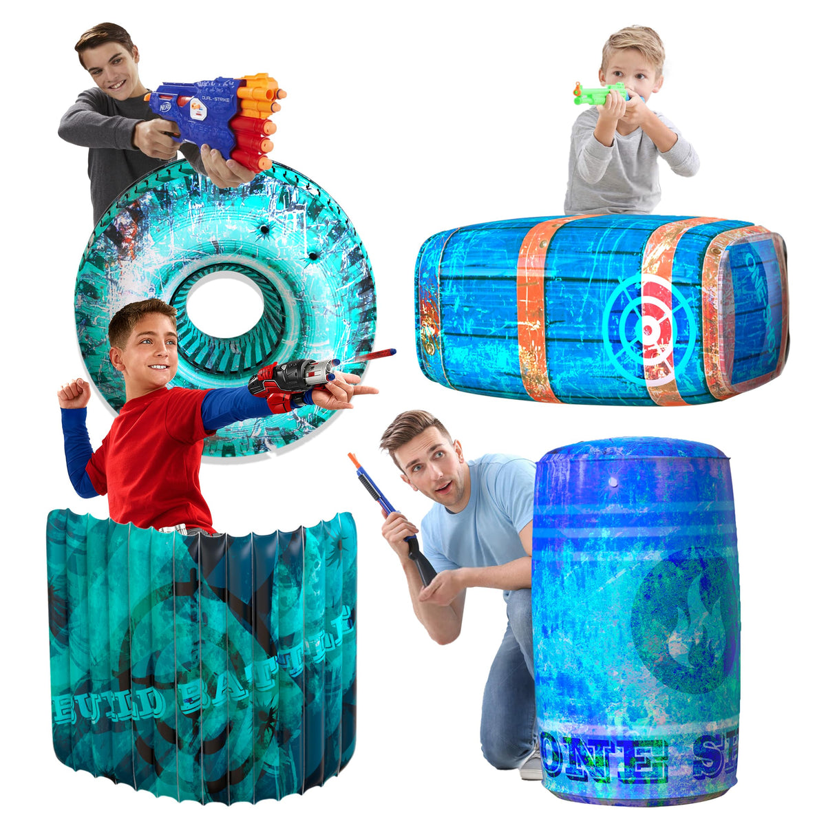 Skywin inflatable battle bunkers blue front for dynamic laser tag play