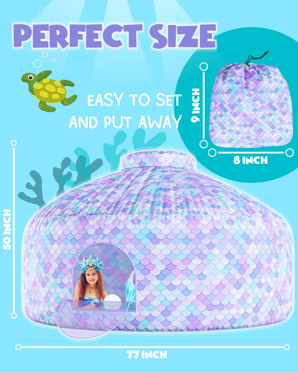 Skywin Mermaid Magic Fort close-up highlights shimmering scales for imaginative undersea play.
