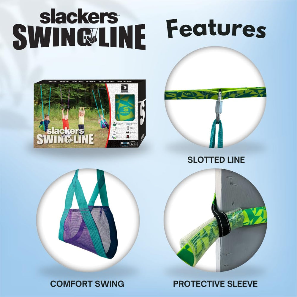 Slackers Swing Line installed between two trees for a classic backyard swing setup
