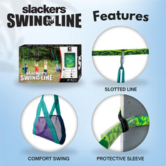 Slackers Swing Line installed between two trees for a classic backyard swing setup