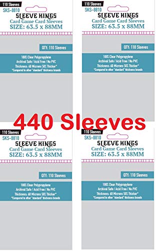 Sleeve Kings card sleeves 63.5 by 88 mm, 440 sleeves in four packs.