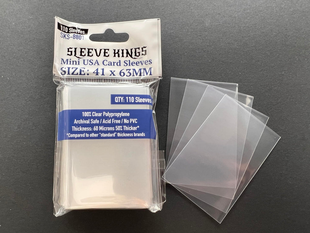 Display of Sleeve Kings Mini USA sleeves with 110 sleeves per pack for value.