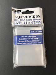 Close-up of Sleeve Kings Mini USA sleeves highlighting clear, high-visibility protection.