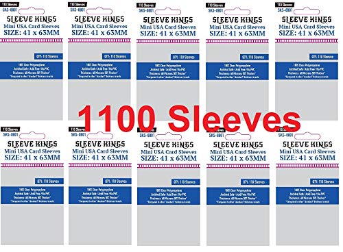 Pack shot of Sleeve Kings Mini USA sleeves showing 1,100 sleeves in the bundle for organization.