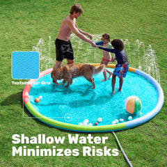 Vibrant multicolor design of the Sloosh 120-inch splash pad in backyard
