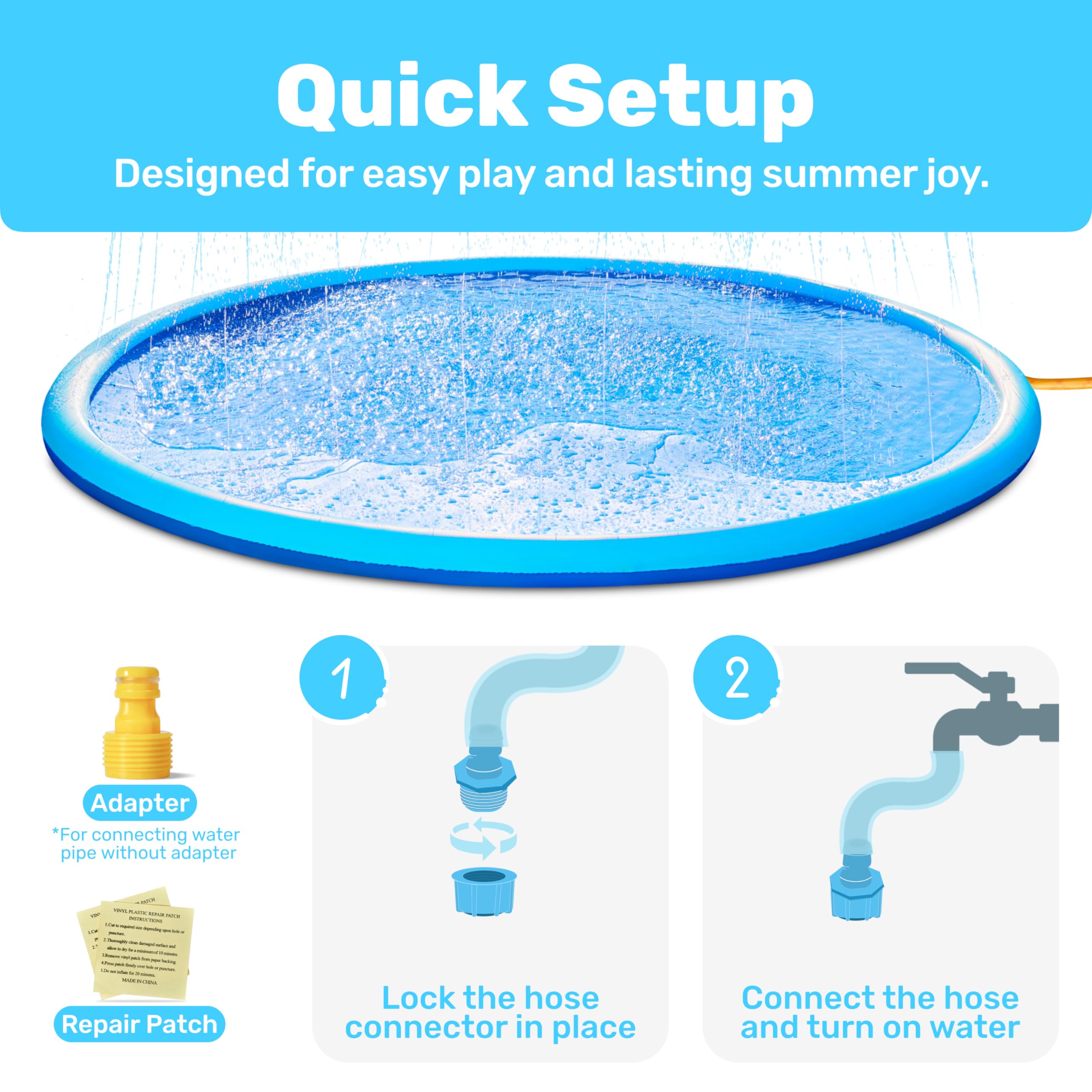 Sloosh splash pad connects to garden hose for quick setup