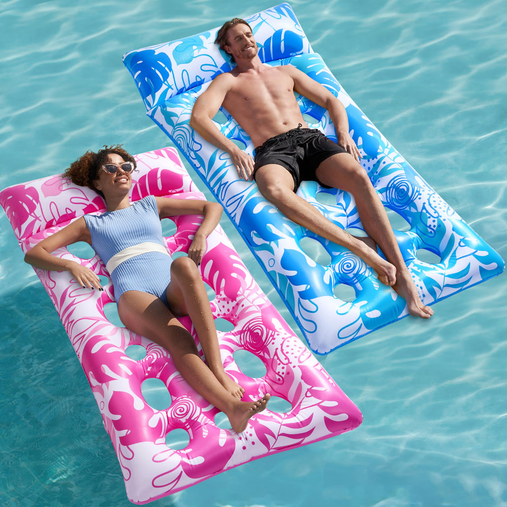 Sloosh 2-pack inflatable pool floats in blue-green loungers for adults.