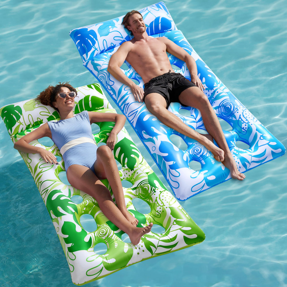 Sloosh inflatable pool floats with headrests in blue-green for relaxing pool days