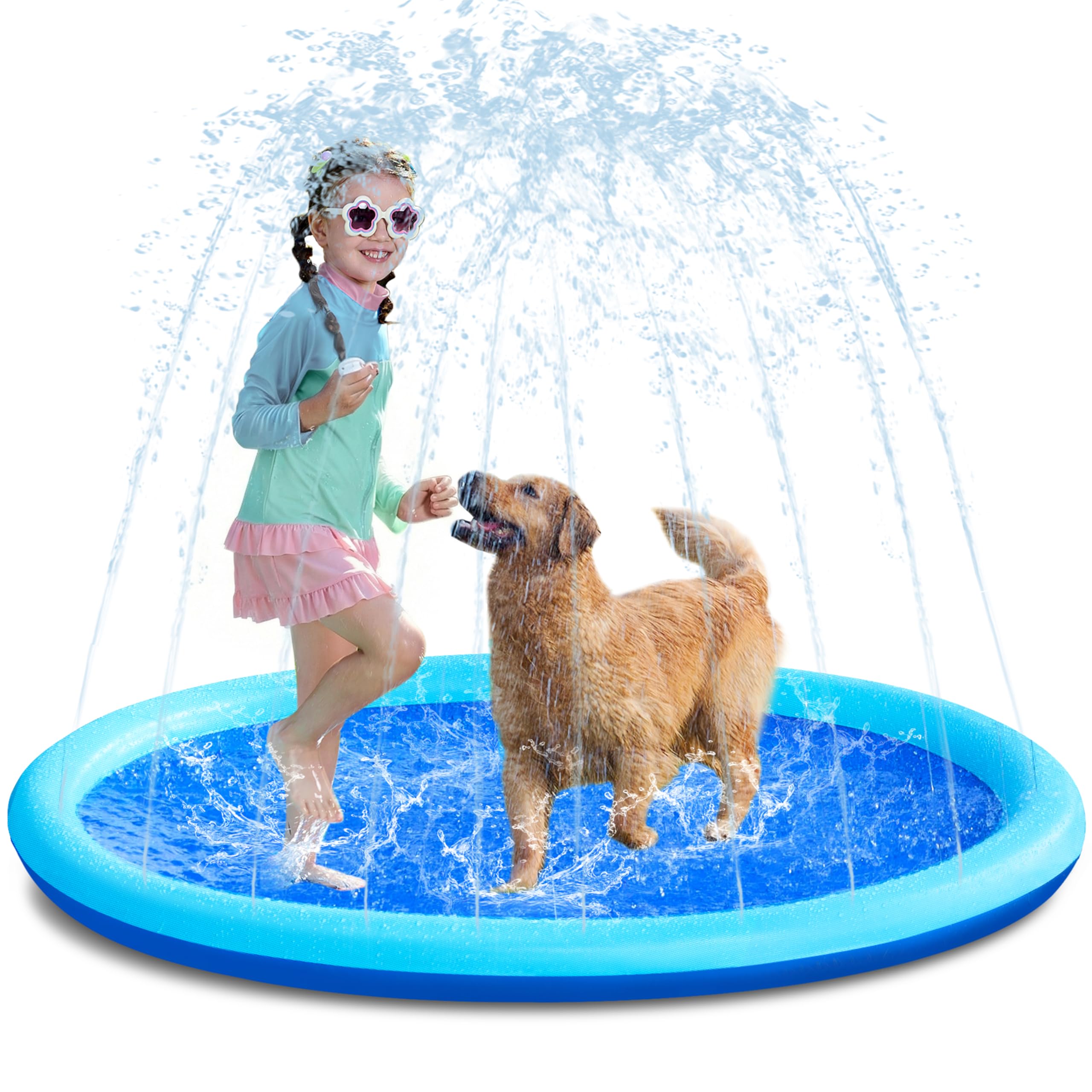 Sloosh 60-inch blue splash pad in backyard for safe outdoor fun and cooling.
